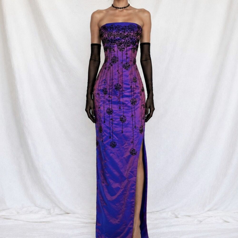 Vintage Purple Blue Strapless Floral Velvet Satin Metallic Side Slit Prom Dress